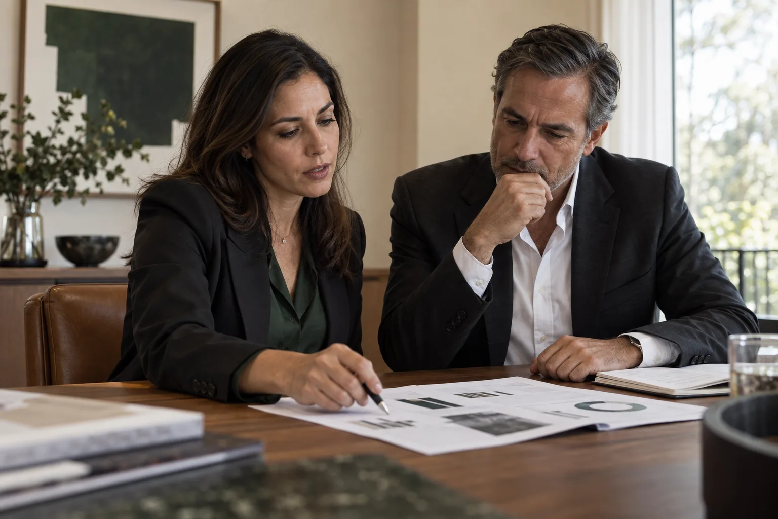 Two professionals reviewing reports at a meeting table.