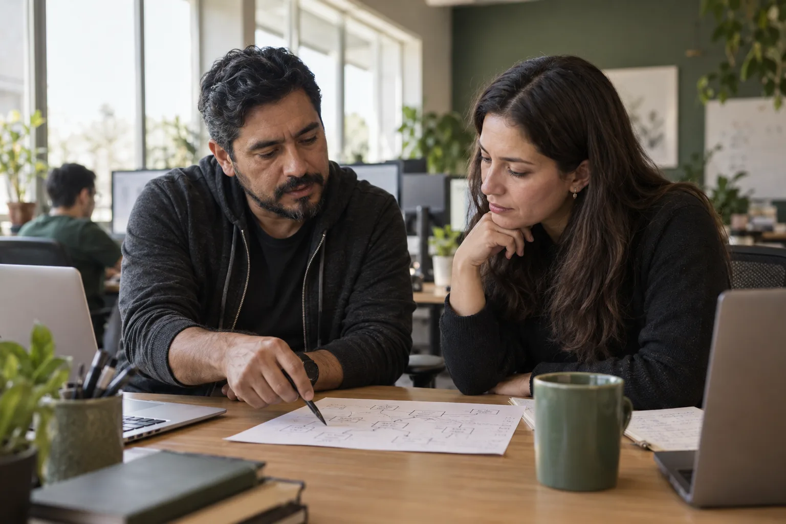 Two professionals reviewing a technical diagram at a desk.