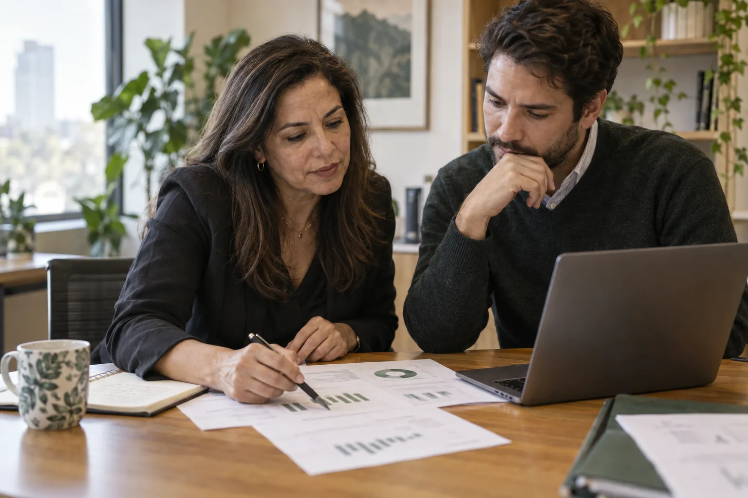 Professionals reviewing financial reports.