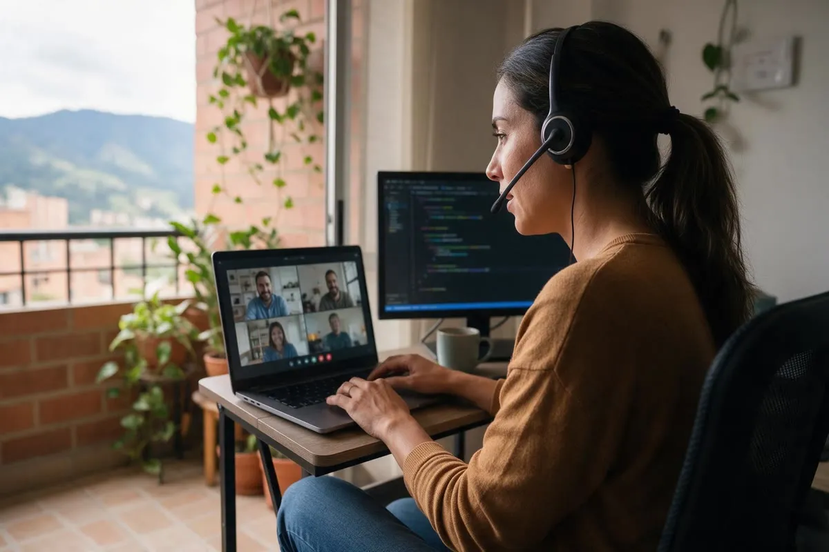 Colombian senior engineer on a remote standup from a Medellín apartment.