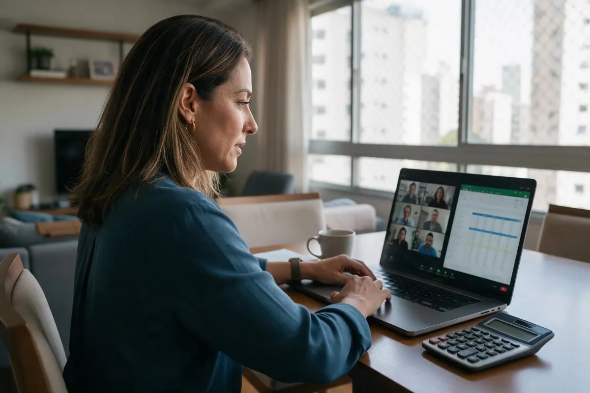 Brazilian finance professional working remotely from a São Paulo apartment.
