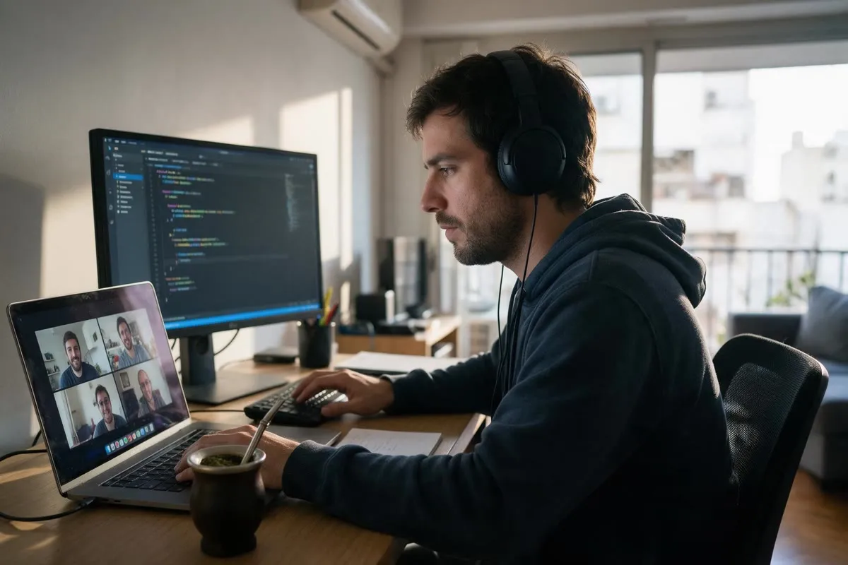 Argentine engineer coding remotely from a Buenos Aires apartment.