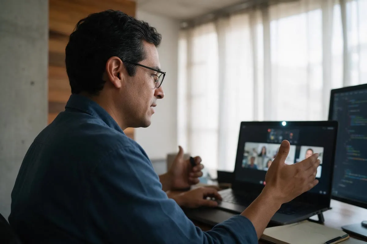 Mexican senior engineer in a remote technical interview from a Mexico City apartment.